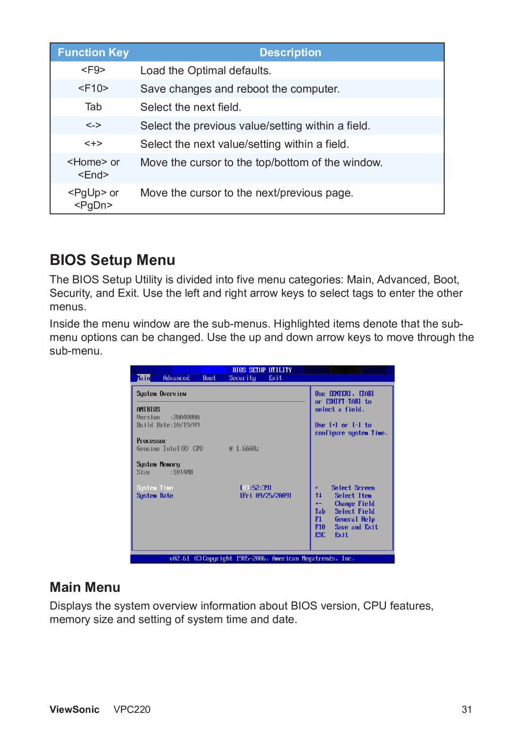 ViewSonic VS13426 manual Bios Setup Menu, Main Menu 