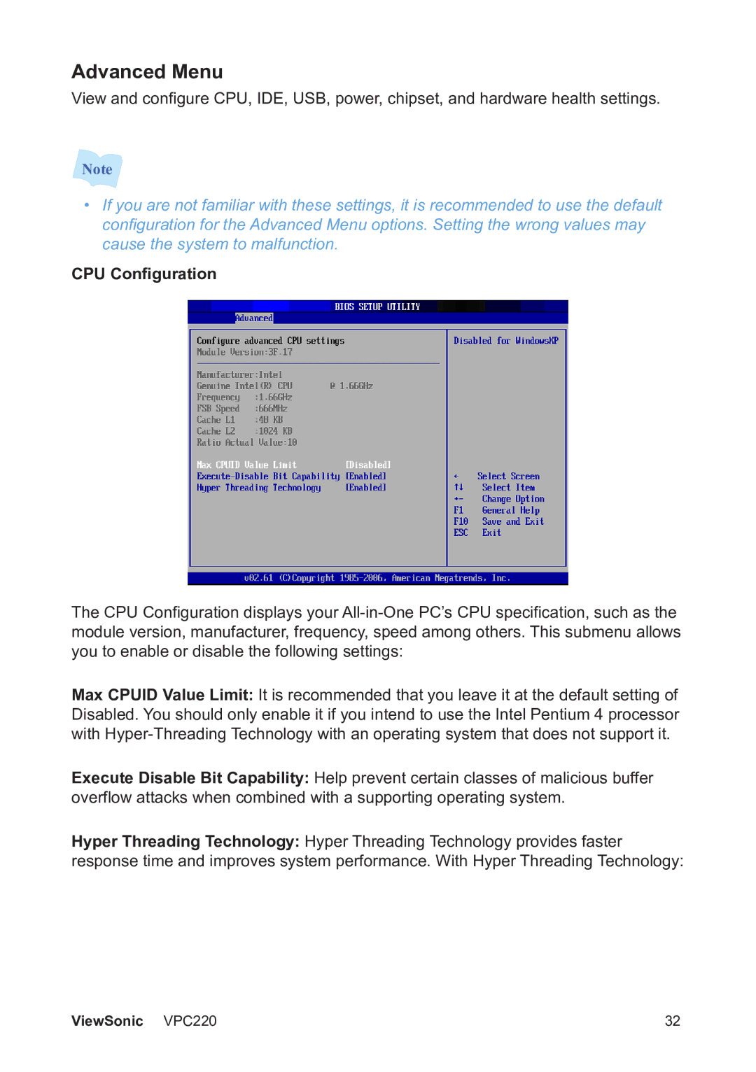 ViewSonic VS13426 manual Advanced Menu, CPU Configuration 