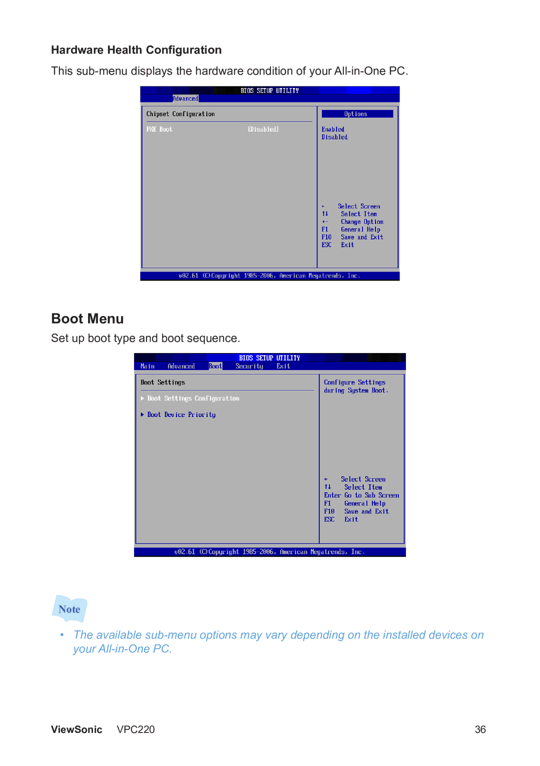 ViewSonic VS13426 manual Boot Menu, Hardware Health Configuration 