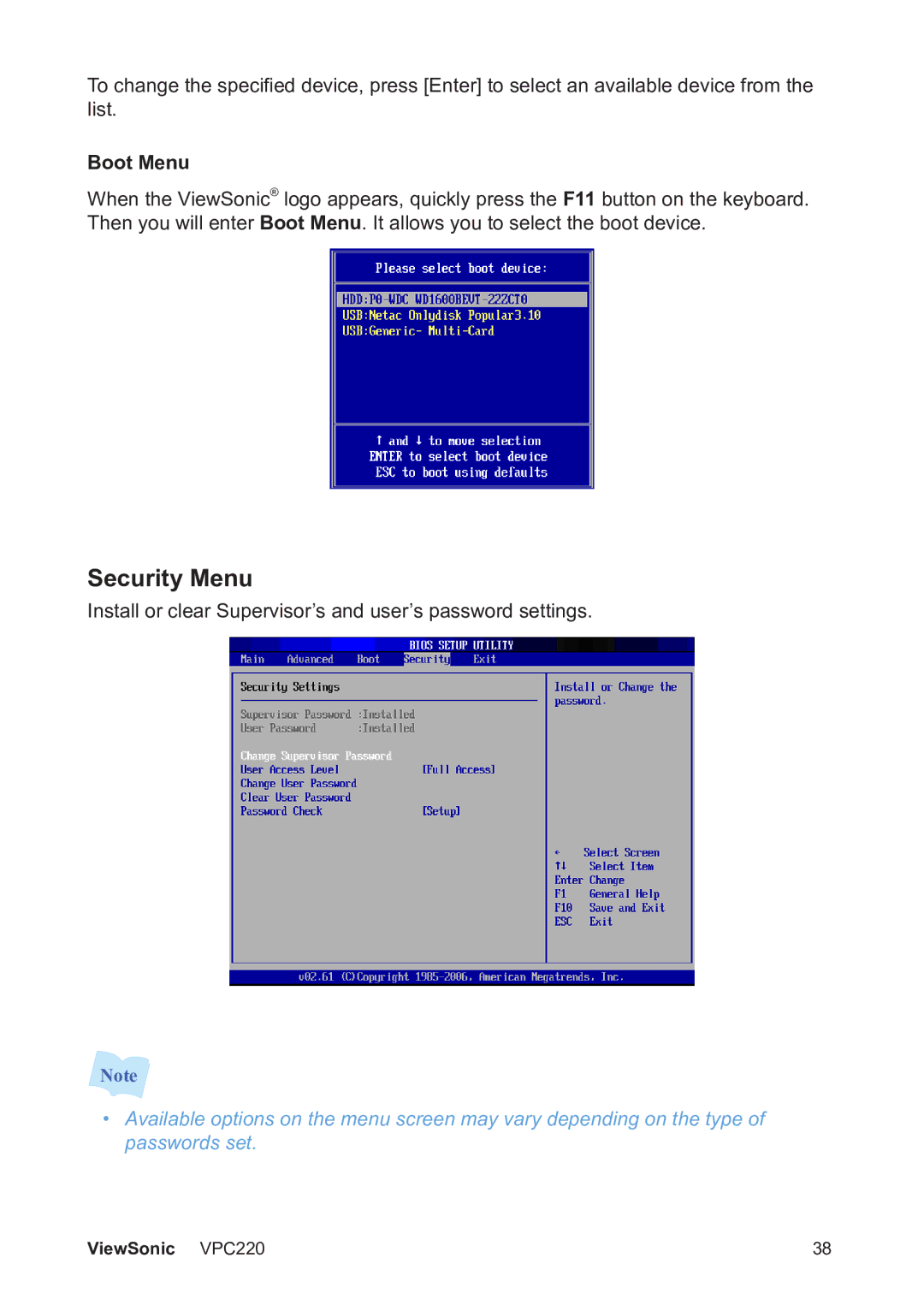 ViewSonic VS13426 manual Security Menu, Boot Menu 