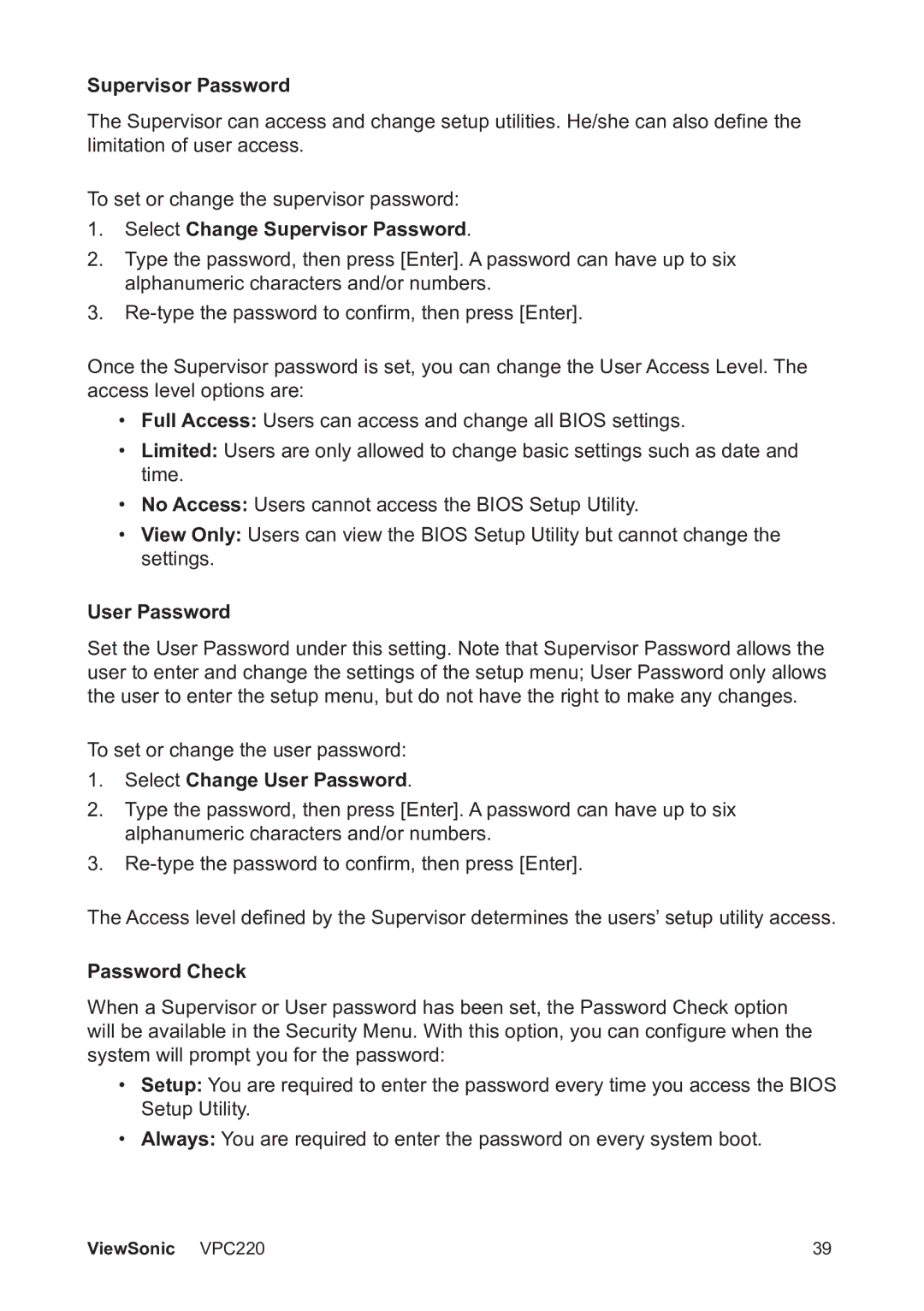 ViewSonic VS13426 manual Select Change Supervisor Password, Select Change User Password, Password Check 