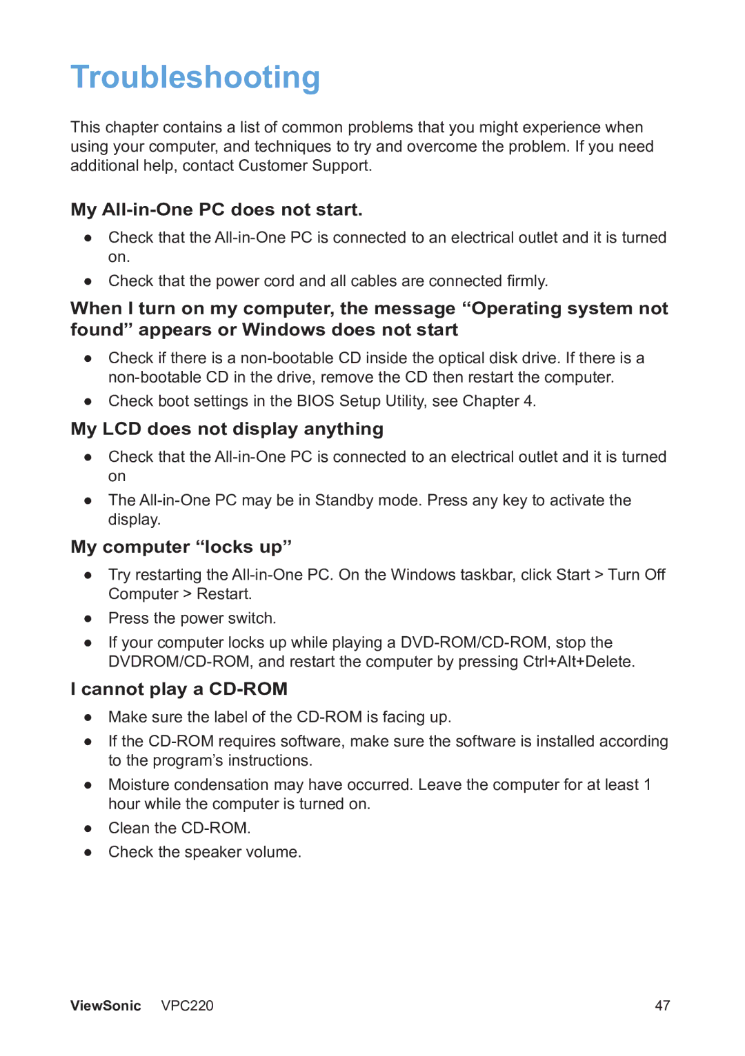 ViewSonic VS13426 manual Troubleshooting, My All-in-One PC does not start 