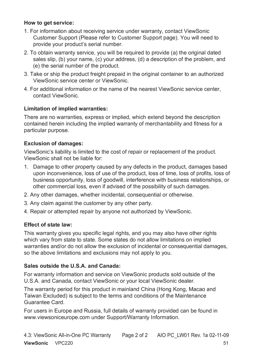 ViewSonic VS13426 manual How to get service, Limitation of implied warranties, Exclusion of damages, Effect of state law 