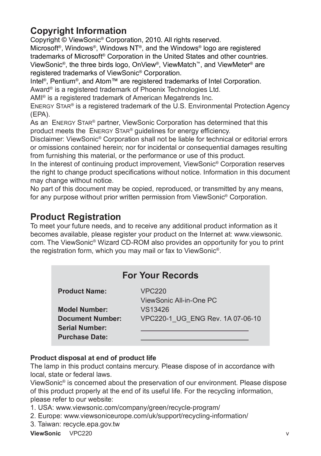 ViewSonic VS13426 manual Copyright Information, Product Registration For Your Records, Product Name, Model Number 