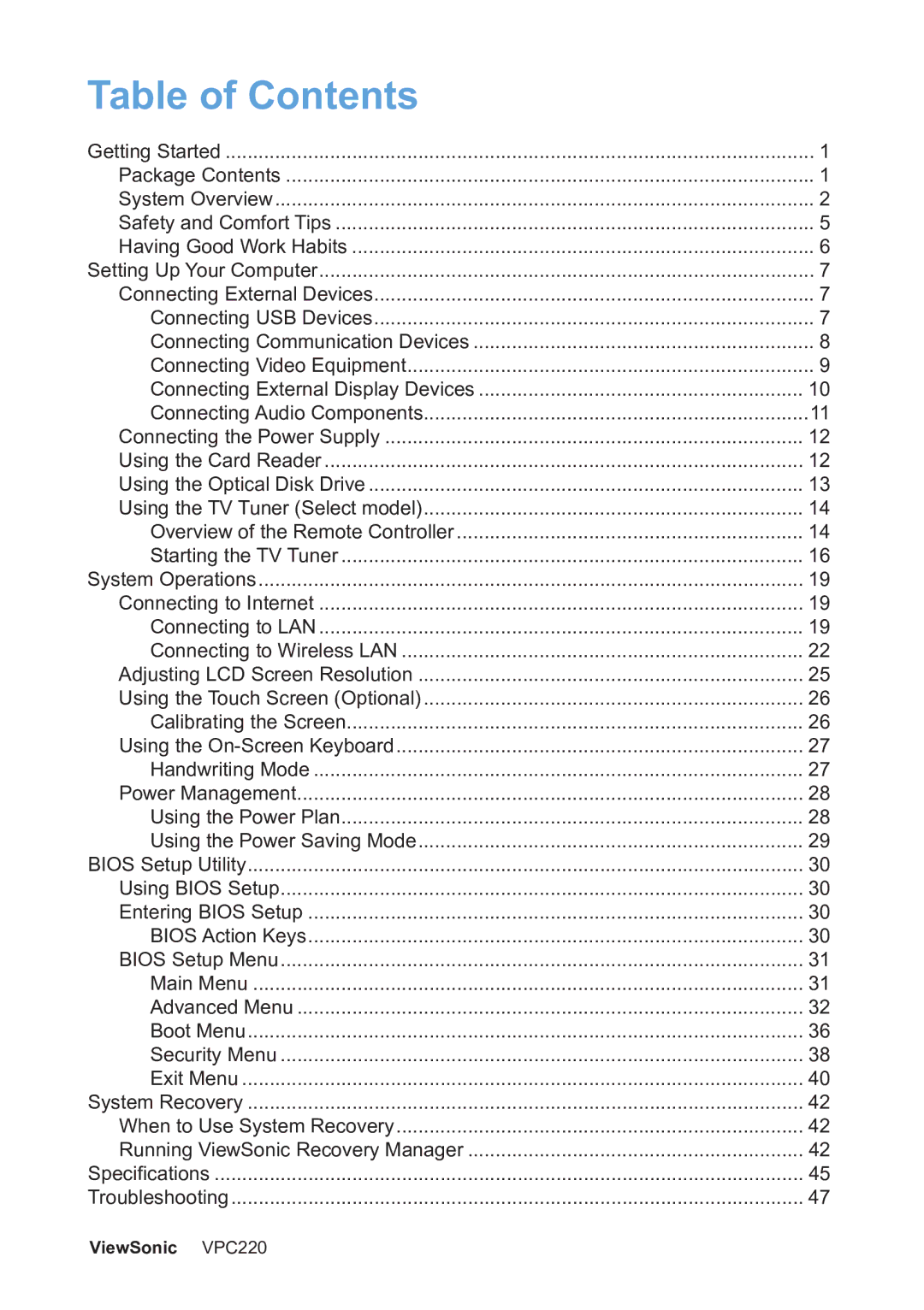 ViewSonic VS13426 manual Table of Contents 