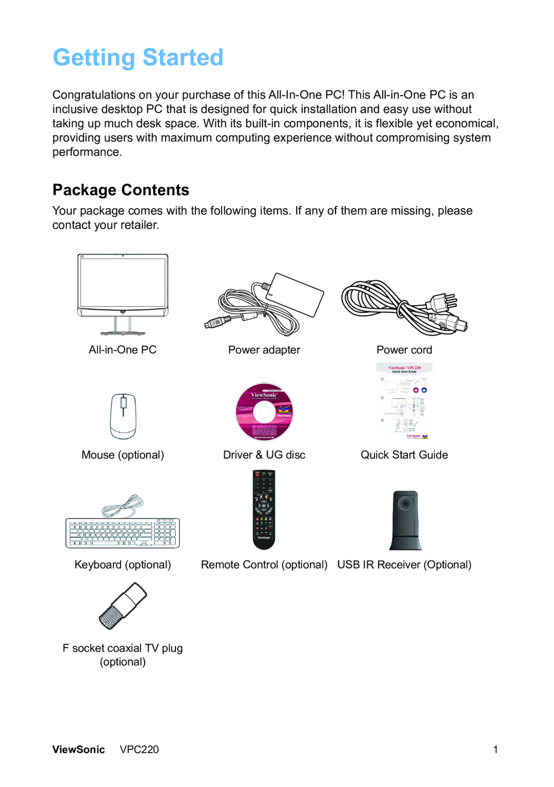 ViewSonic VS13426 manual Getting Started, Package Contents 