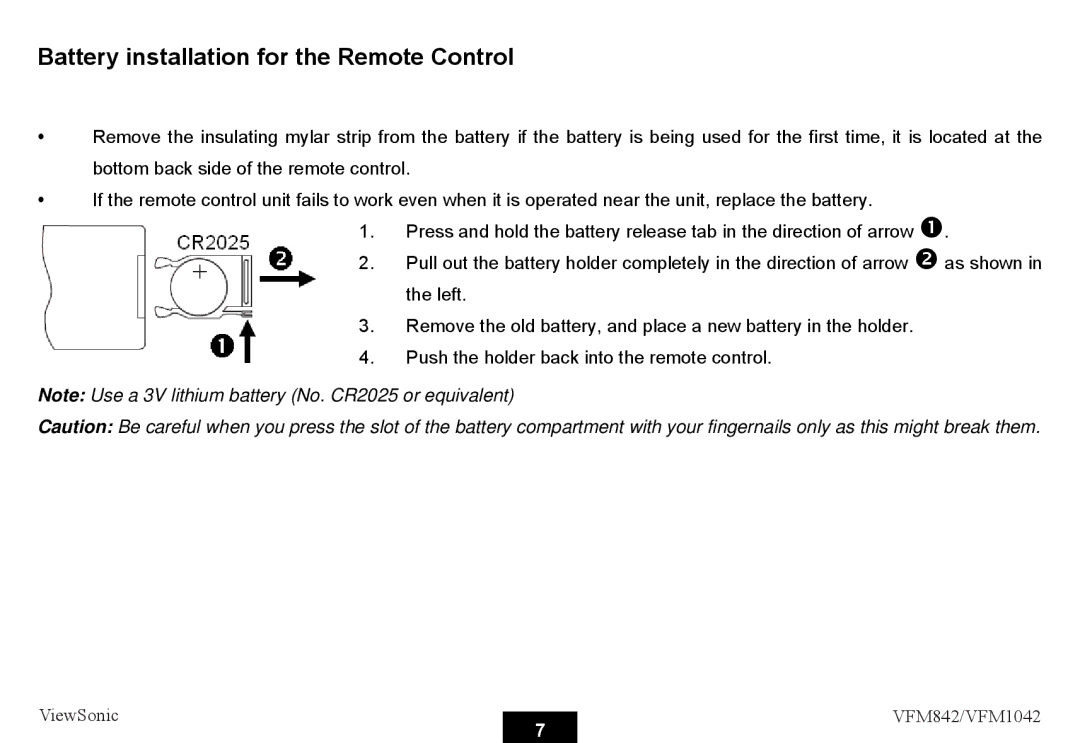 ViewSonic VS13444, VS13442 warranty Battery installation for the Remote Control 