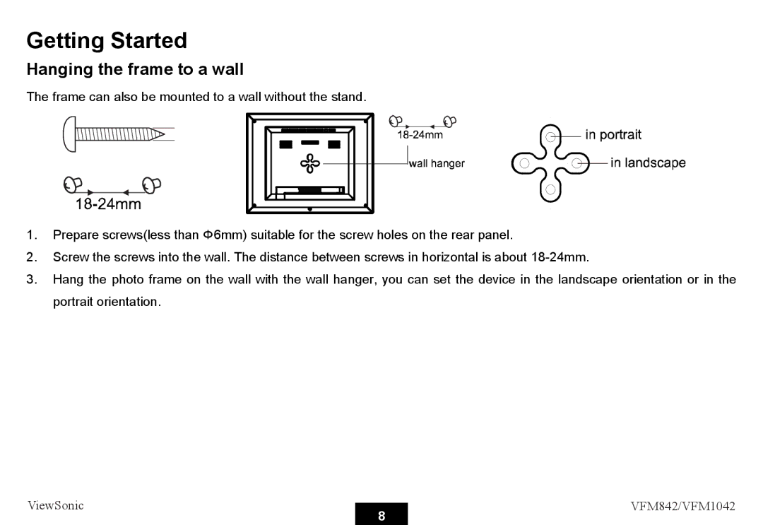 ViewSonic VS13442, VS13444 warranty Getting Started, Hanging the frame to a wall 