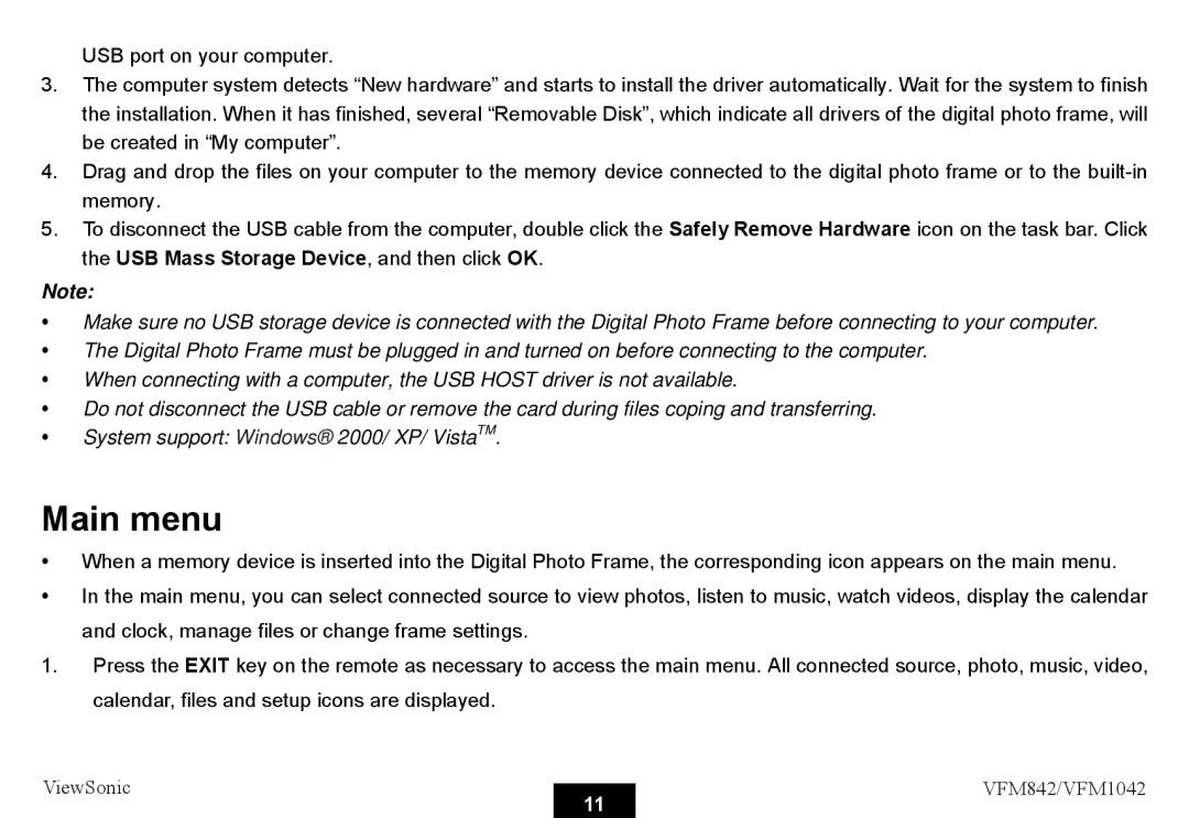 ViewSonic VS13444, VS13442 warranty Main menu 