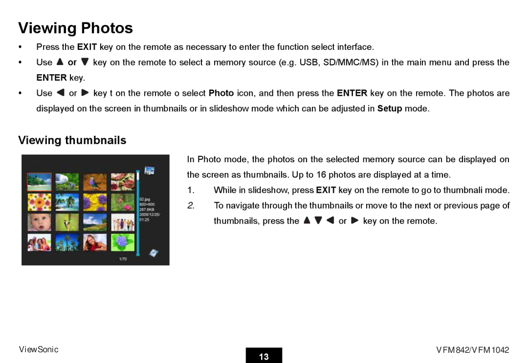 ViewSonic VS13444, VS13442 warranty Viewing Photos, Viewing thumbnails 