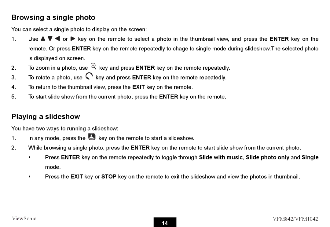 ViewSonic VS13442, VS13444 warranty Browsing a single photo, Playing a slideshow 