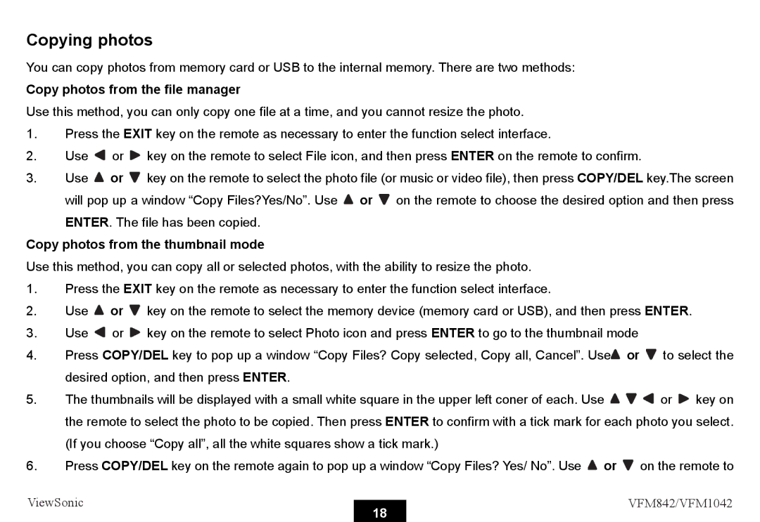 ViewSonic VS13442, VS13444 warranty Copying photos, Copy photos from the file manager, Copy photos from the thumbnail mode 