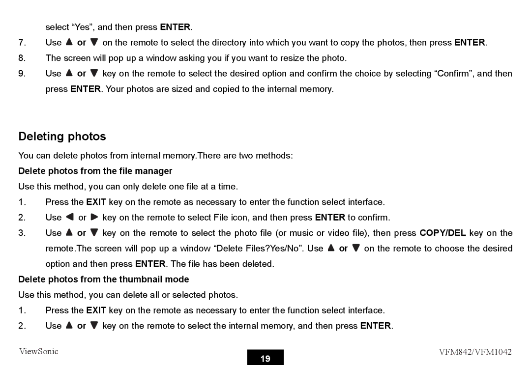 ViewSonic VS13444, VS13442 Deleting photos, Delete photos from the file manager, Delete photos from the thumbnail mode 