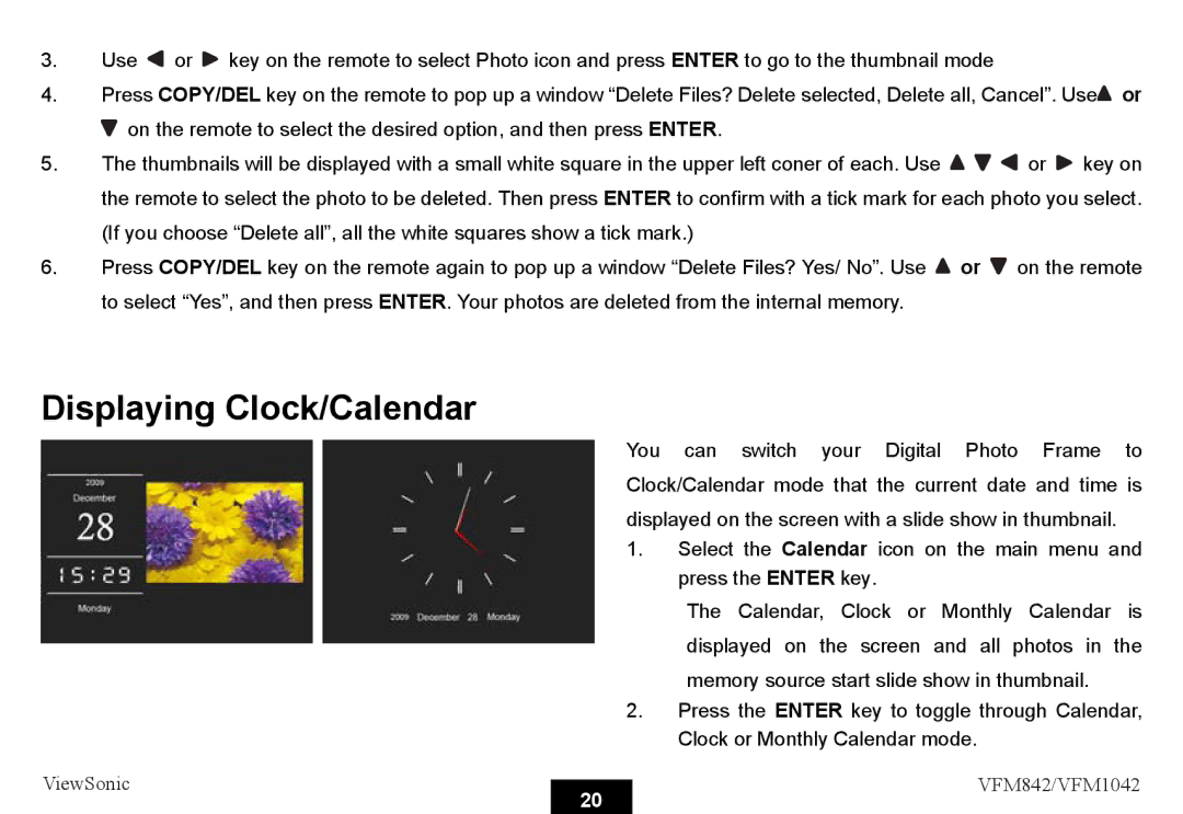 ViewSonic VS13442, VS13444 warranty Displaying Clock/Calendar 