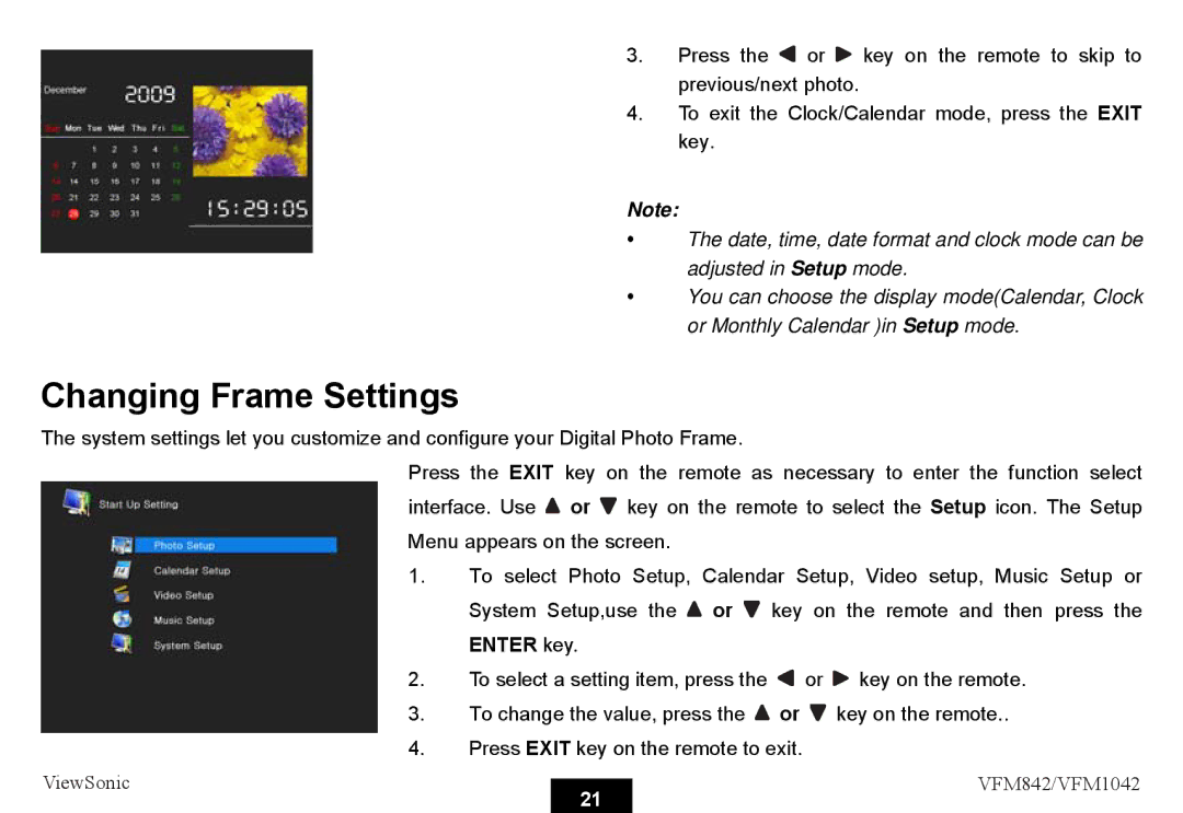 ViewSonic VS13444, VS13442 warranty Changing Frame Settings, Enter key 