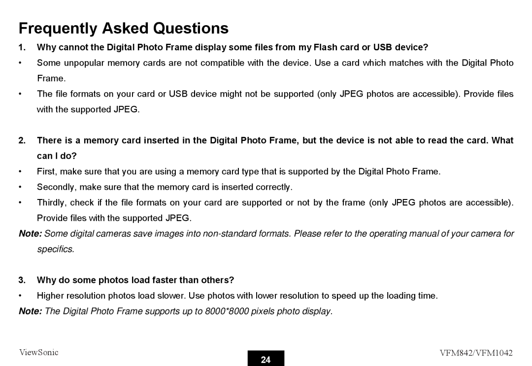 ViewSonic VS13442, VS13444 warranty Frequently Asked Questions, Why do some photos load faster than others? 