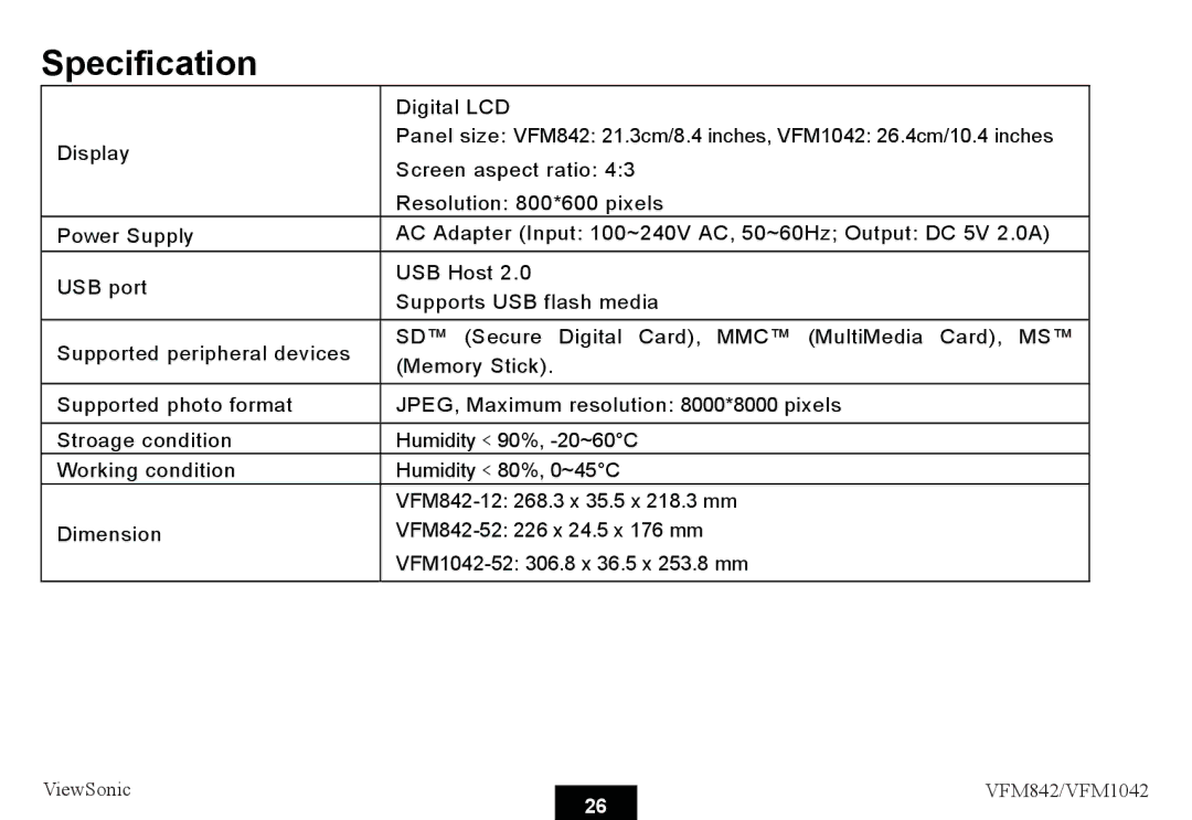 ViewSonic VS13442, VS13444 warranty Specification 