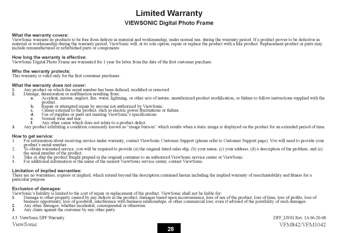 ViewSonic VS13442, VS13444 warranty Limited Warranty, Viewsonic Digital Photo Frame 