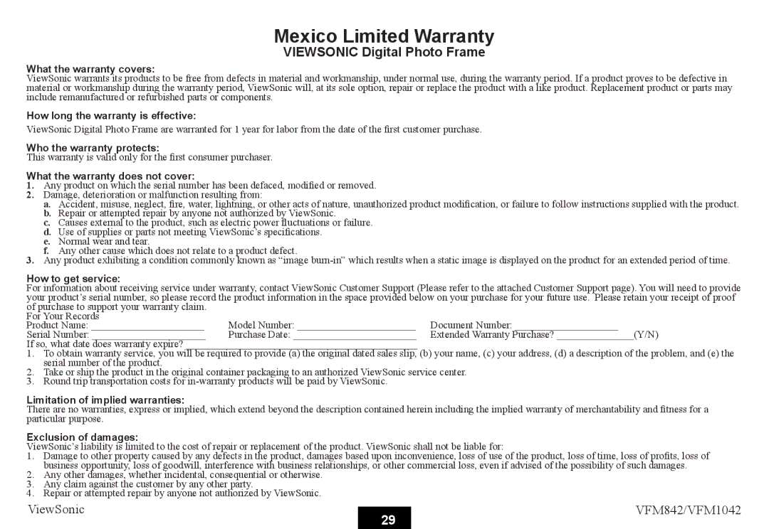 ViewSonic VS13444, VS13442 warranty Mexico Limited Warranty 