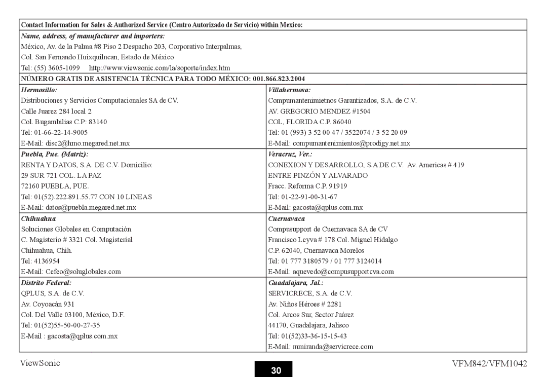 ViewSonic VS13442, VS13444 warranty Name, address, of manufacturer and importers 