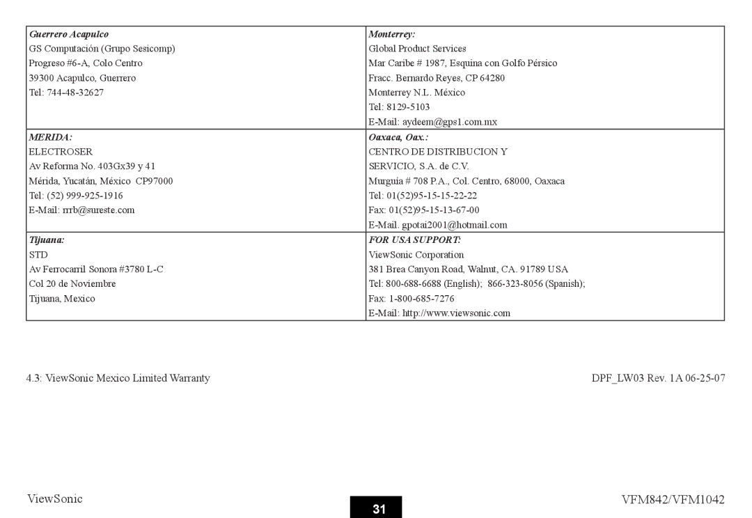 ViewSonic VS13444, VS13442 warranty ViewSonic Mexico Limited Warranty 