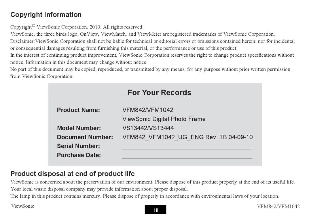 ViewSonic VS13444, VS13442 warranty Copyright Information, Product disposal at end of product life 