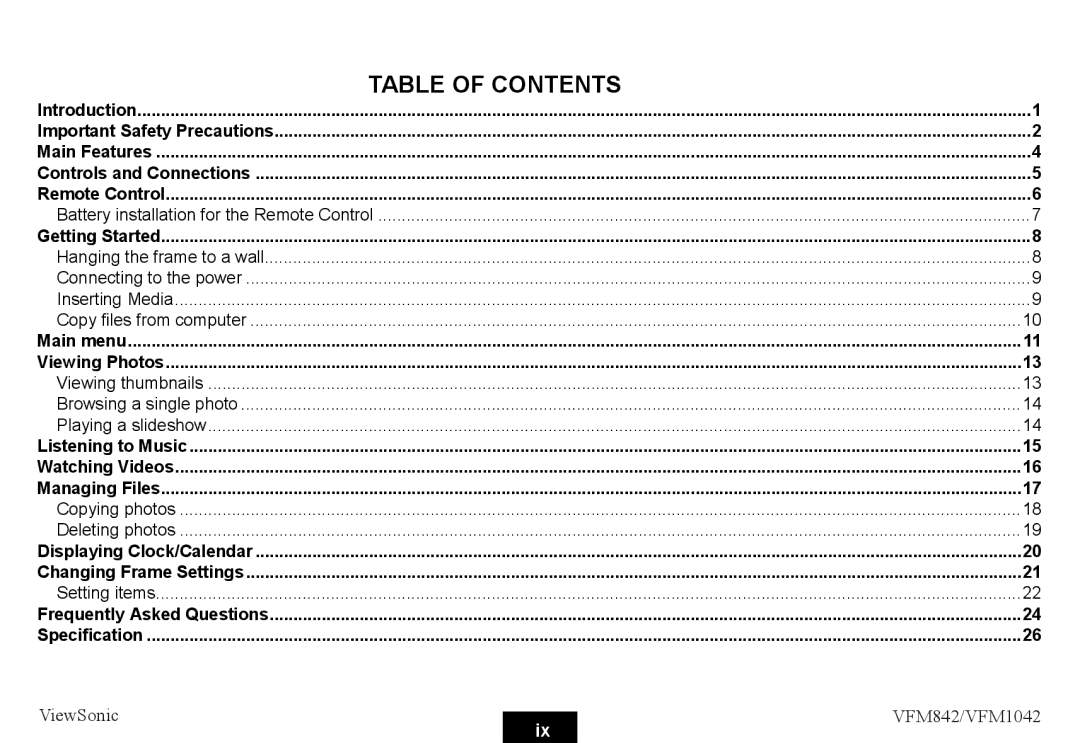 ViewSonic VS13442, VS13444 warranty Table of Contents 