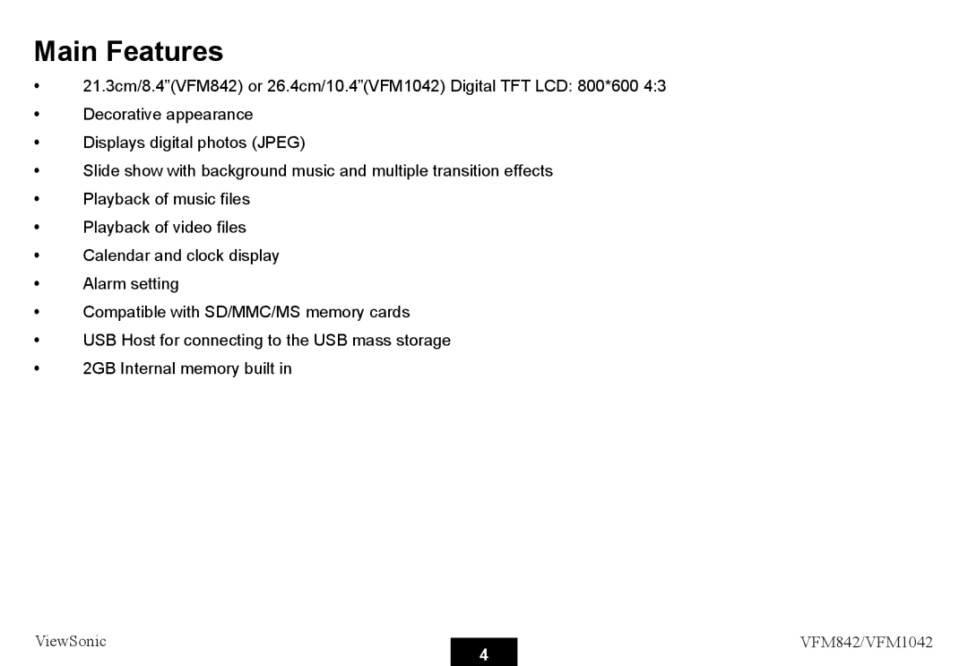 ViewSonic VS13442, VS13444 warranty Main Features 