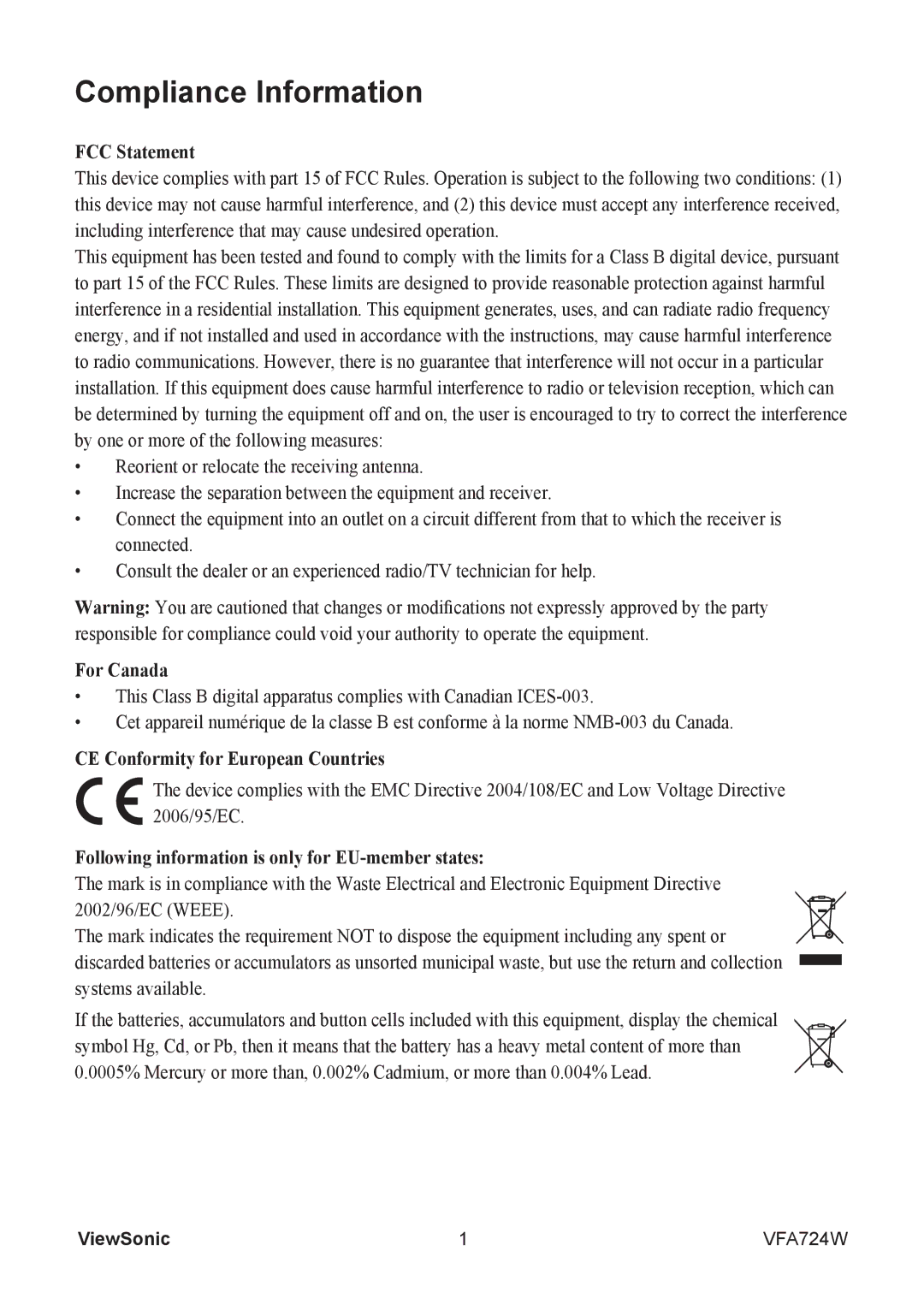 ViewSonic VS13471 warranty Compliance Information, FCC Statement, For Canada, CE Conformity for European Countries 