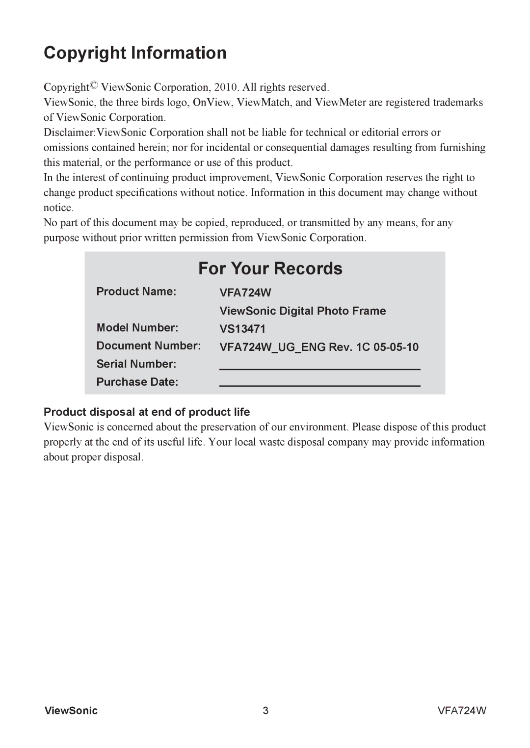 ViewSonic VS13471 warranty Copyright Information, For Your Records 