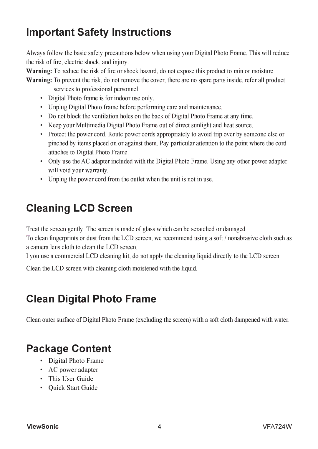 ViewSonic VS13471 warranty Important Safety Instructions, Cleaning LCD Screen, Clean Digital Photo Frame, Package Content 