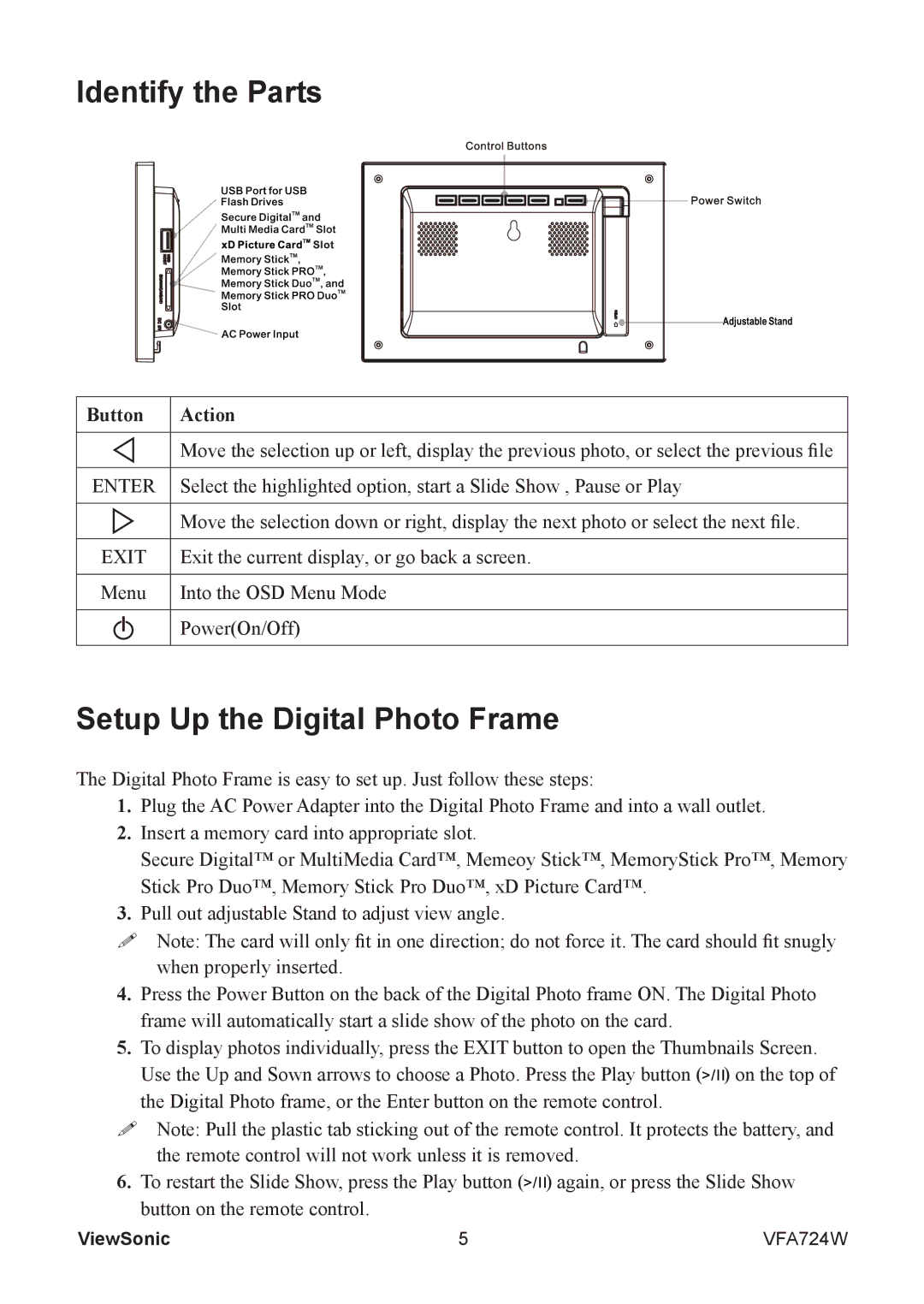 ViewSonic VS13471 warranty Identify the Parts, Setup Up the Digital Photo Frame, Button Action, Enter, Exit 