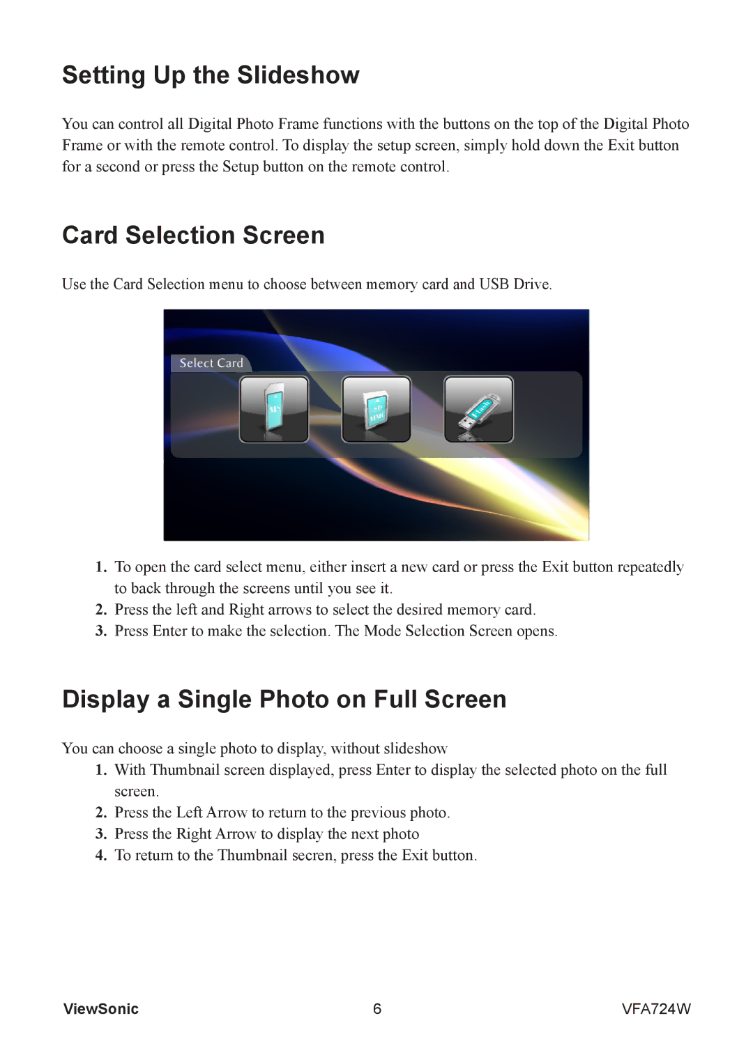 ViewSonic VS13471 warranty Setting Up the Slideshow, Card Selection Screen, Display a Single Photo on Full Screen 