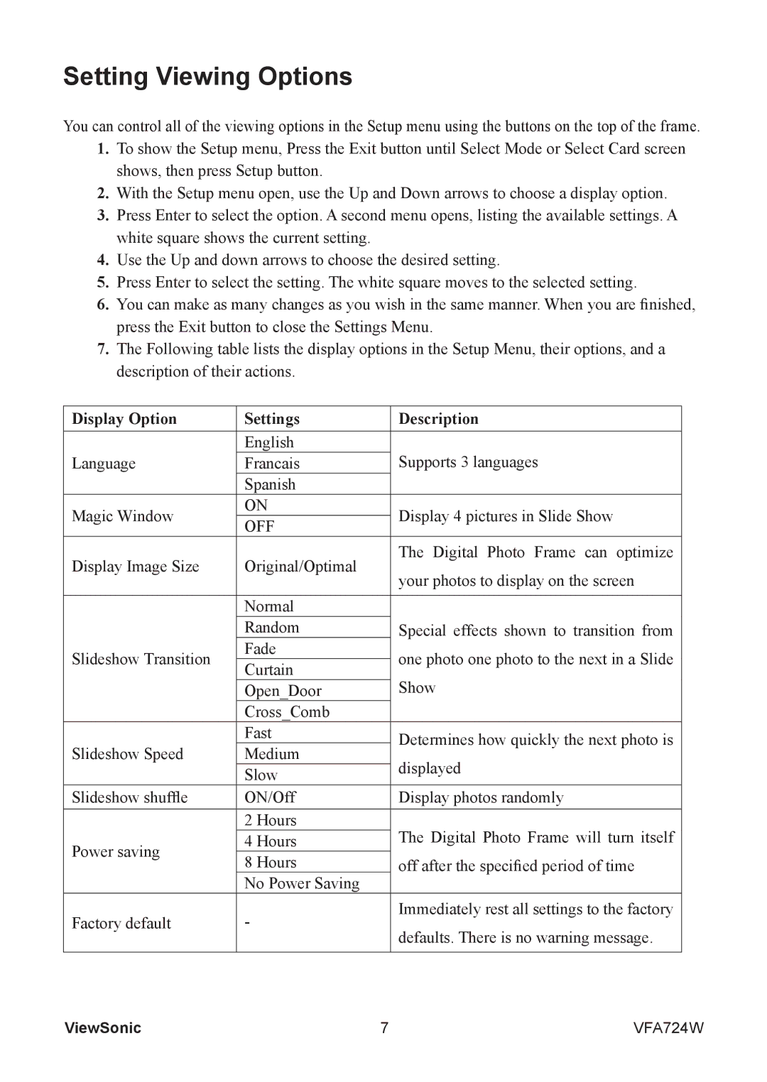 ViewSonic VS13471 warranty Setting Viewing Options, Display Option Settings Description, Off 