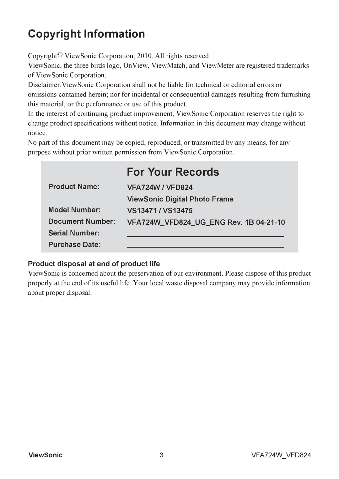 ViewSonic VS13475 manual Copyright Information, For Your Records 