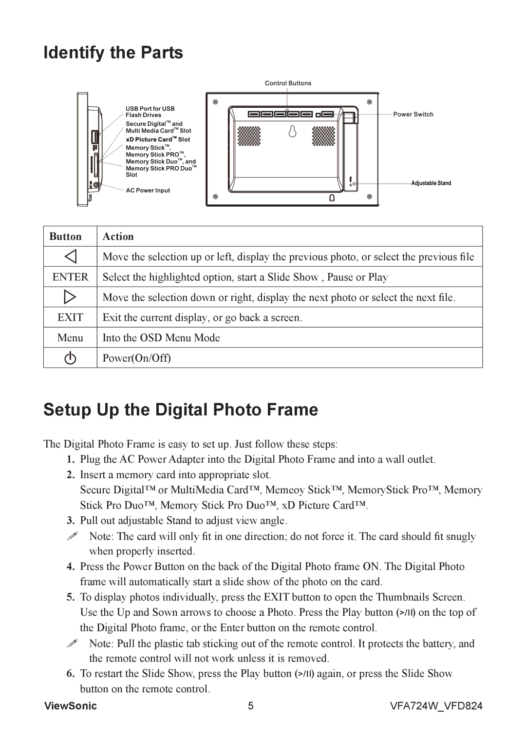 ViewSonic VS13475 manual Identify the Parts, Setup Up the Digital Photo Frame, Button Action, Enter, Exit 