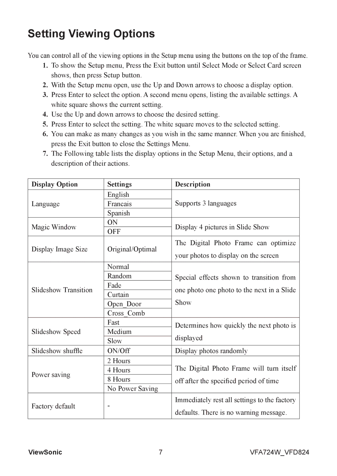 ViewSonic VS13475 manual Setting Viewing Options, Display Option Settings Description, Off 