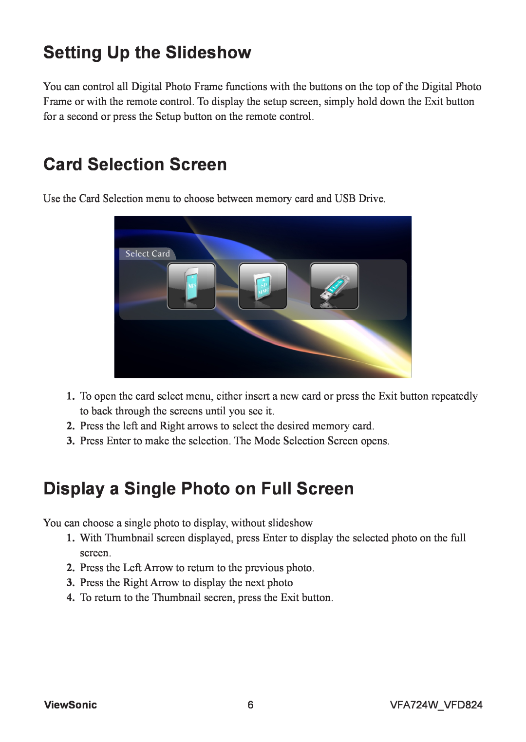 ViewSonic VS13475 manual Setting Up the Slideshow, Card Selection Screen, Display a Single Photo on Full Screen 