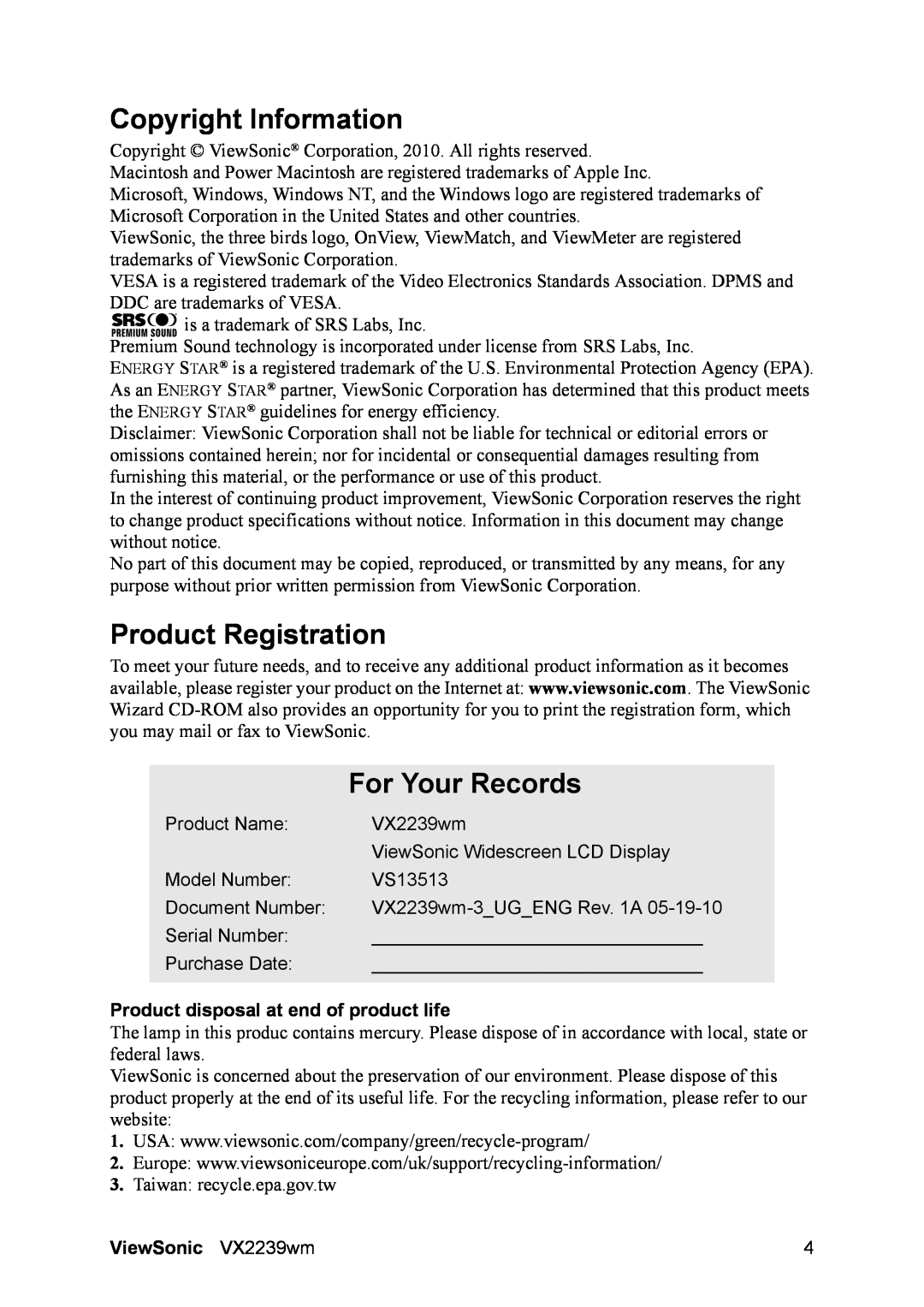 ViewSonic VS13513 Copyright Information, Product Registration, For Your Records, Product disposal at end of product life 