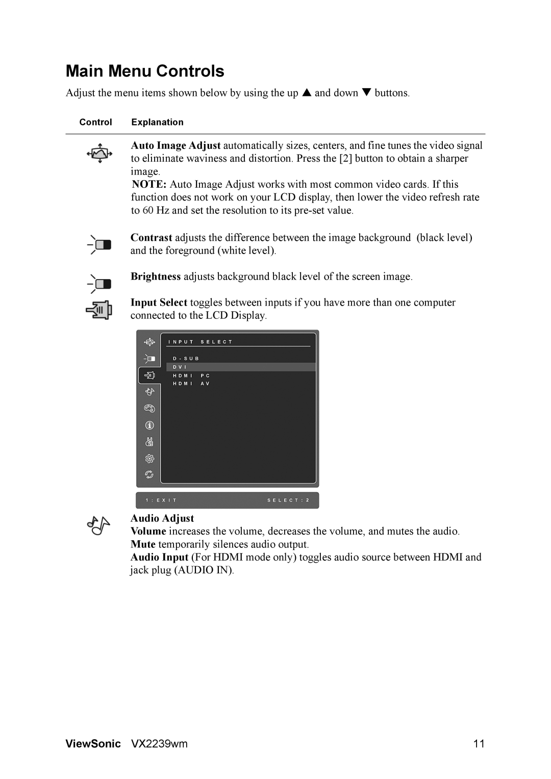 ViewSonic VS13513 warranty Main Menu Controls, Audio Adjust 