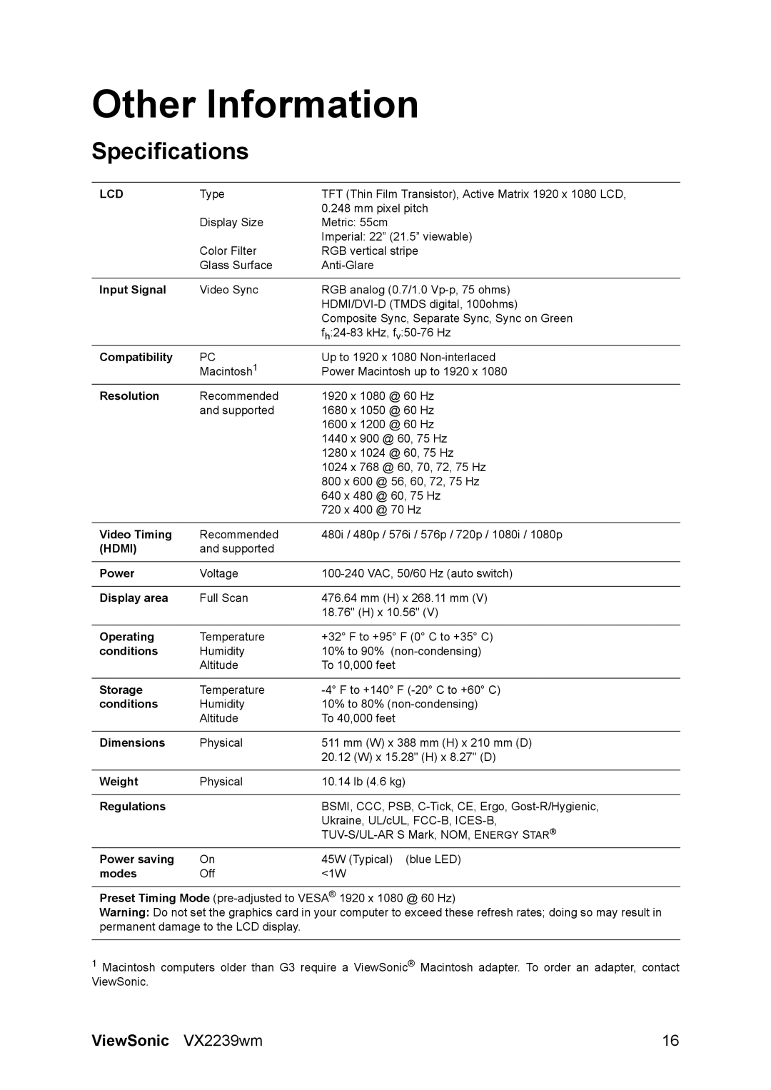 ViewSonic VS13513 warranty Other Information, Specifications 