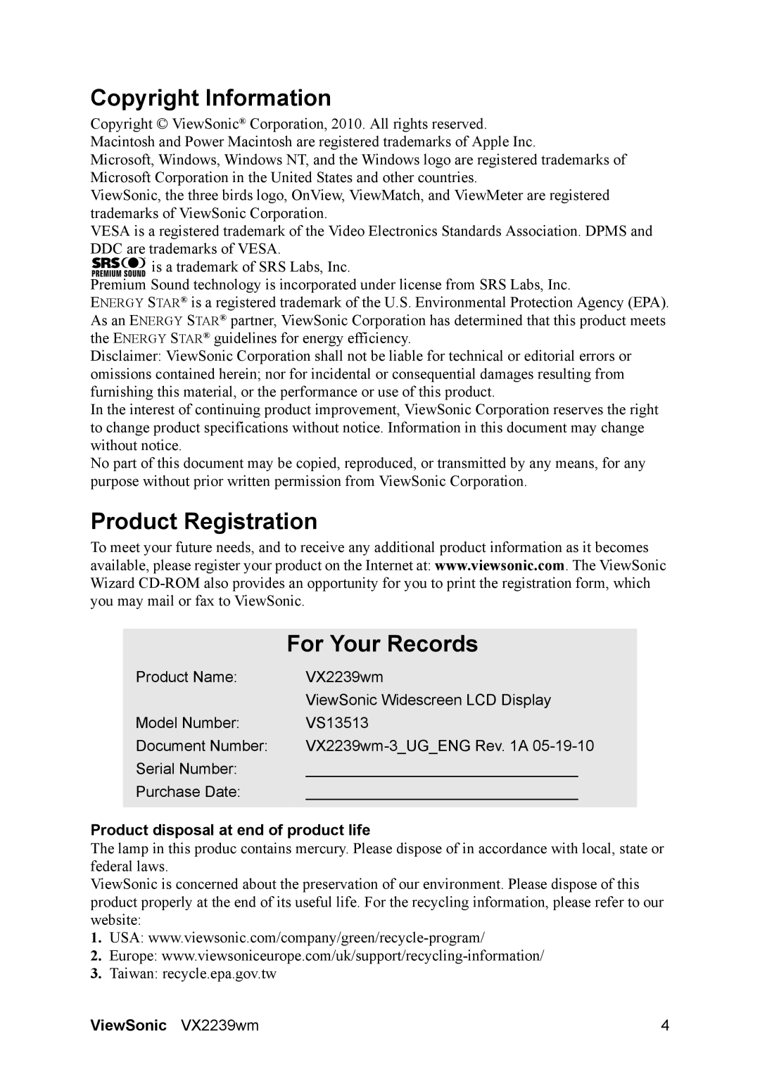 ViewSonic VS13513 Copyright Information, Product Registration For Your Records, Product disposal at end of product life 