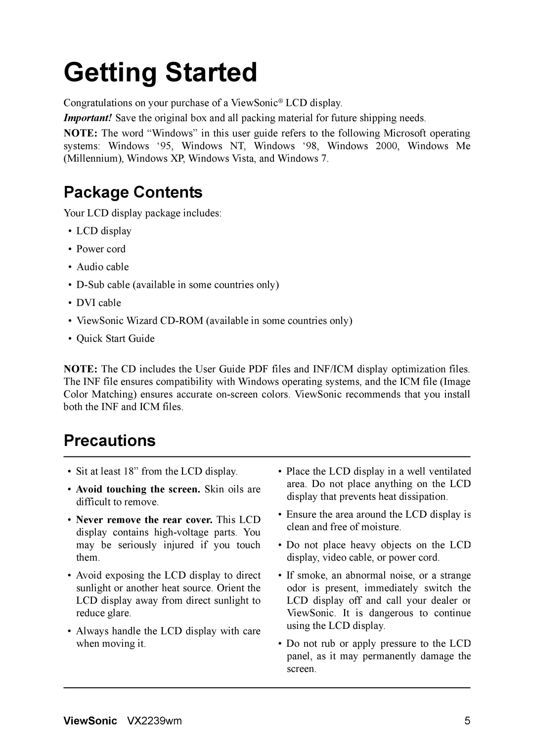 ViewSonic VS13513 warranty Package Contents, Precautions 