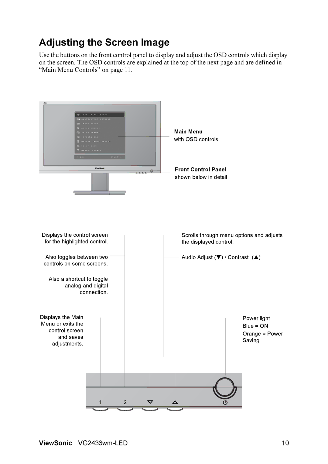 ViewSonic VS13533 warranty Adjusting the Screen Image, Front Control Panel 