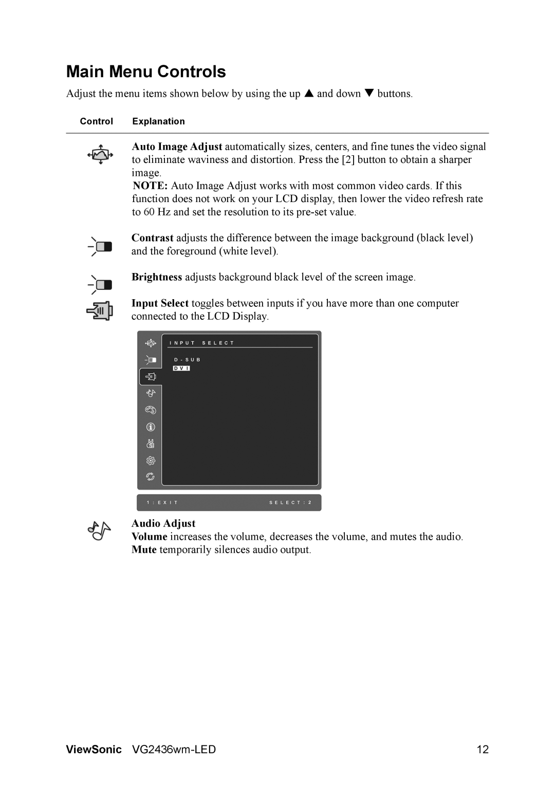 ViewSonic VS13533 warranty Main Menu Controls, Audio Adjust 