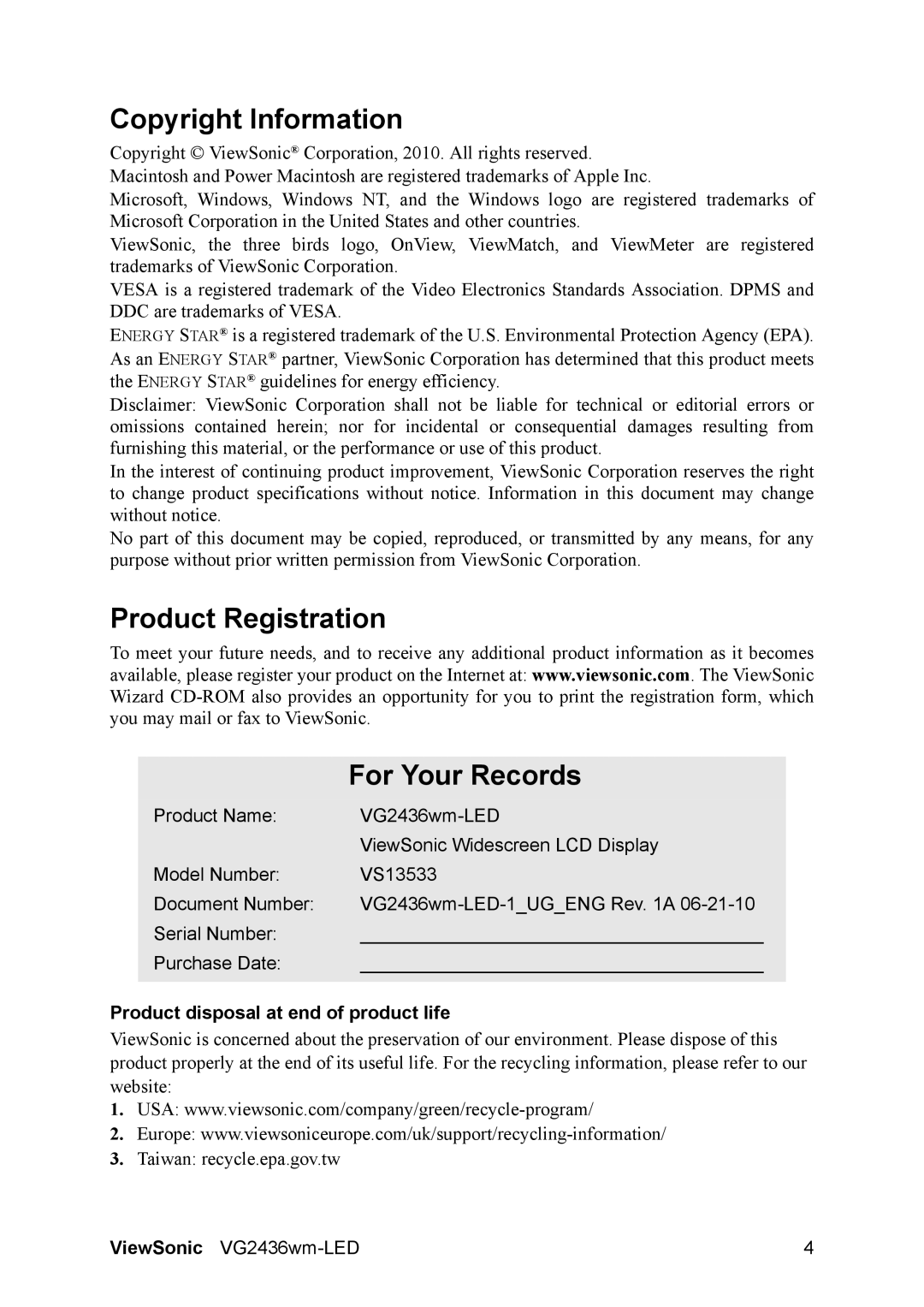 ViewSonic VS13533 Copyright Information, Product Registration For Your Records, Product disposal at end of product life 