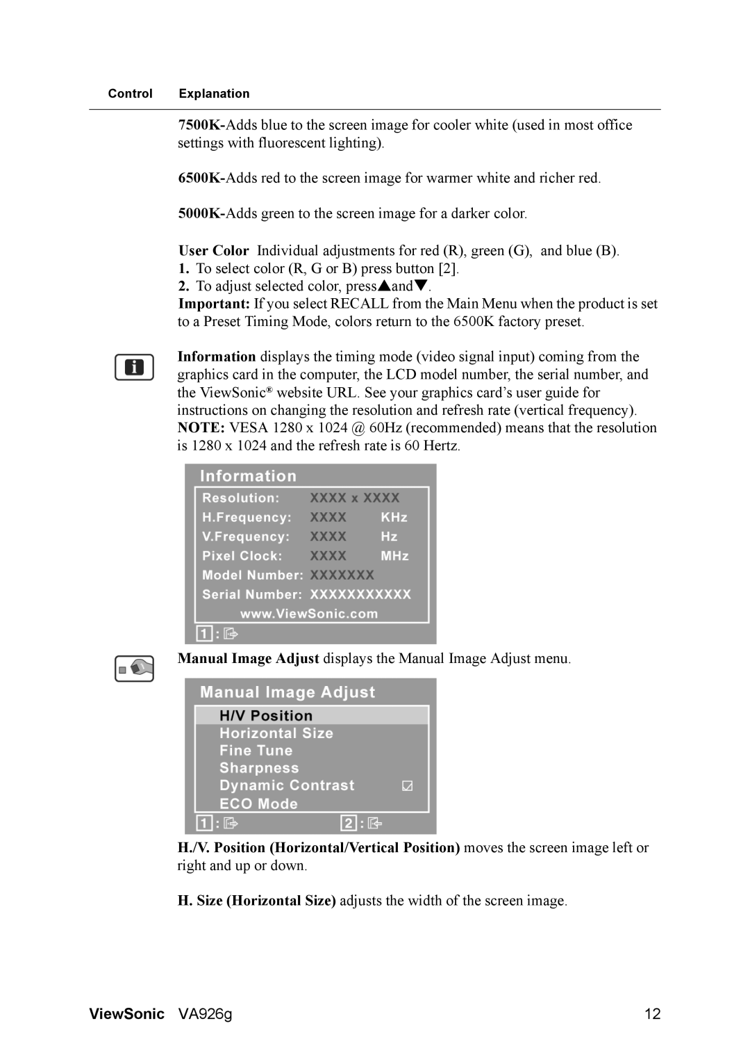 ViewSonic VS13642 warranty Size Horizontal Size adjusts the width of the screen image 