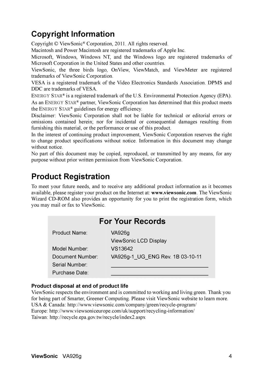 ViewSonic VS13642 Copyright Information, Product Registration For Your Records, Product disposal at end of product life 