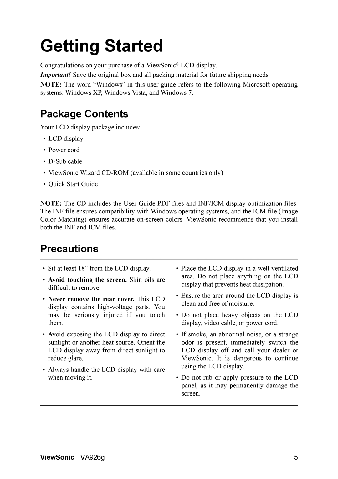 ViewSonic VS13642 warranty Getting Started, Package Contents, Precautions 