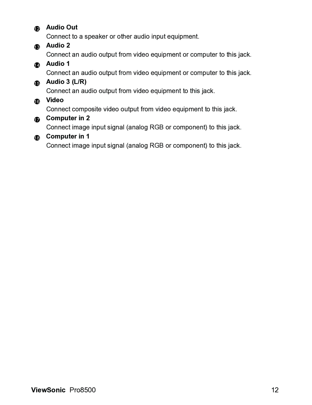 ViewSonic VS13645 warranty Audio Out, Audio 3 L/R, Computer 